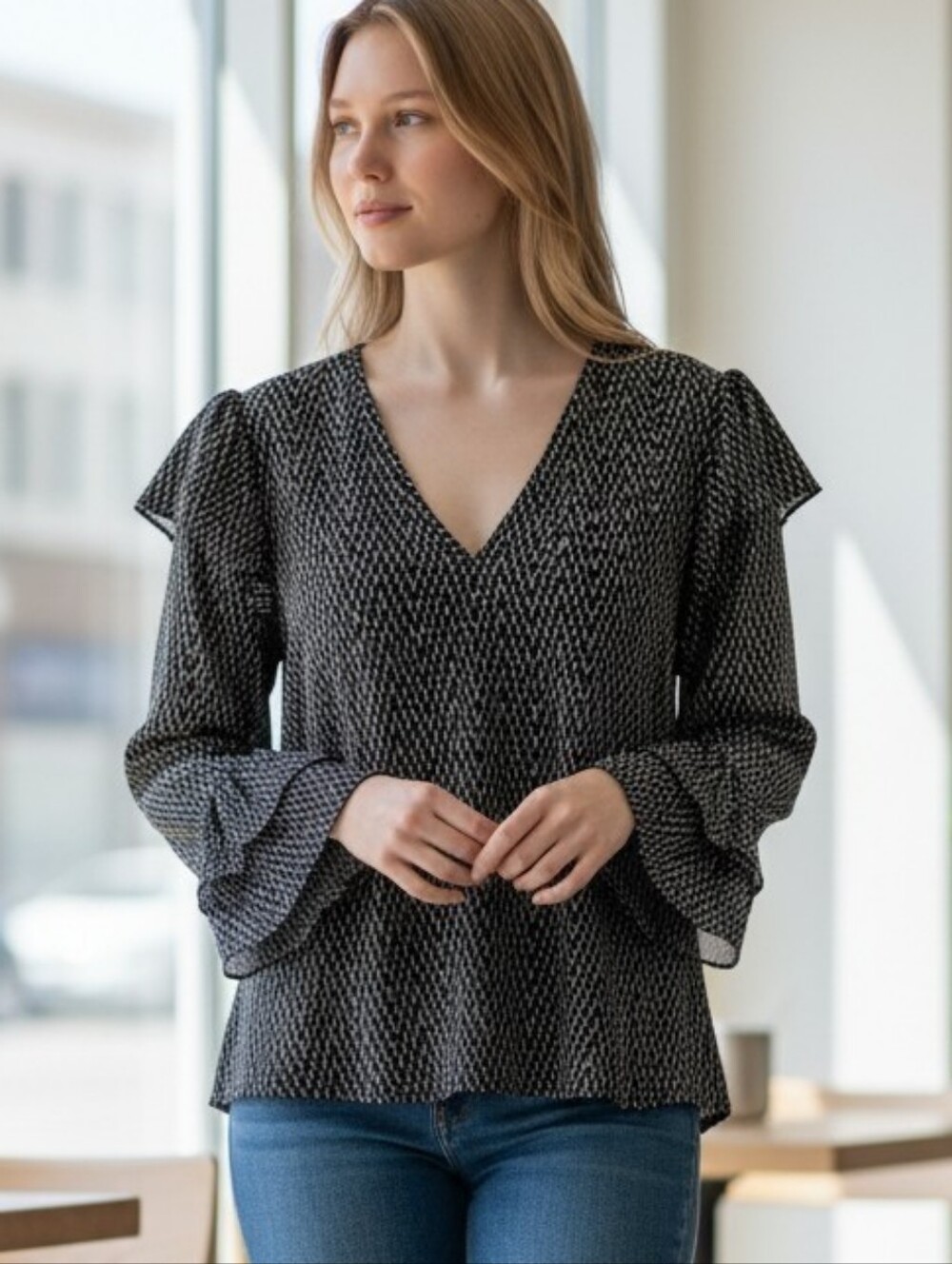 NWT A New Day Black and Gold Ruffled Blouse Sz XL